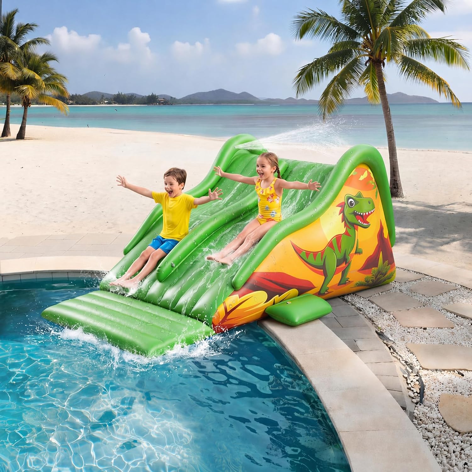 Water Slide Inflatable - 子供から大人まで楽しめる、125インチの巨大な空気で膨らませる恐竜型プールスライダー。地上設置型のプール用空気式ウォータースライダー。